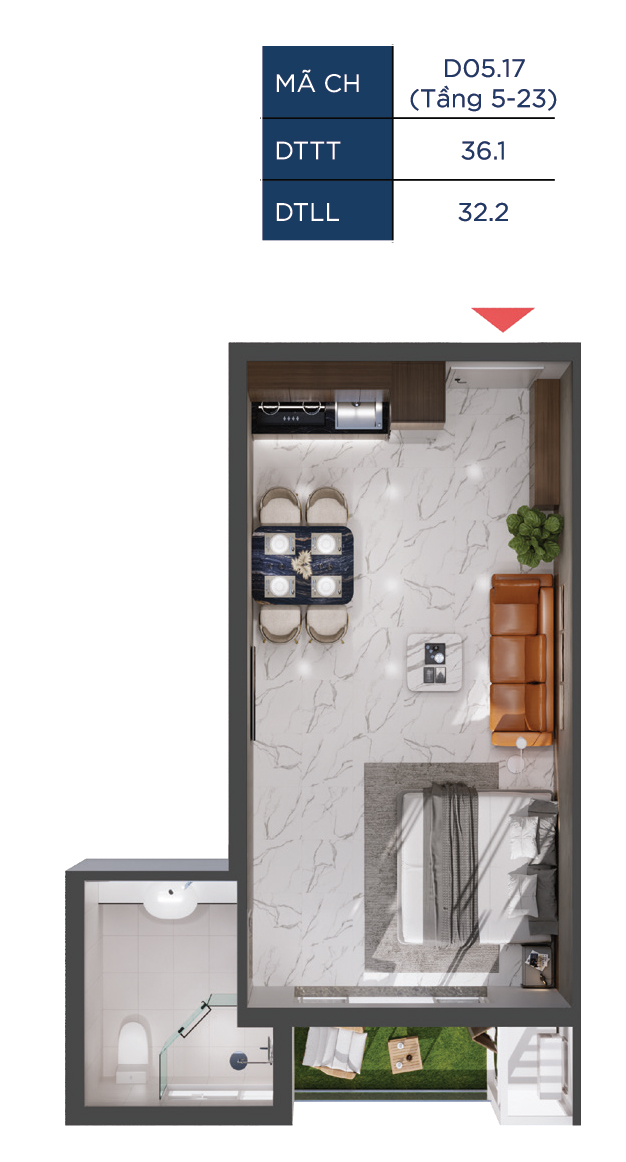 Layout căn Studio 36.6m2 The Infinity