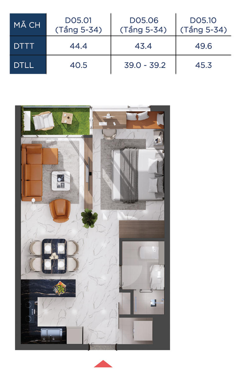 Layout căn Studio 44.4m2 The Infinity