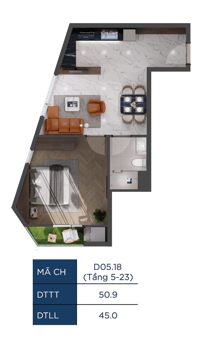 Layout căn 1 phòng ngủ 50.9m2 The Infinity Di An
