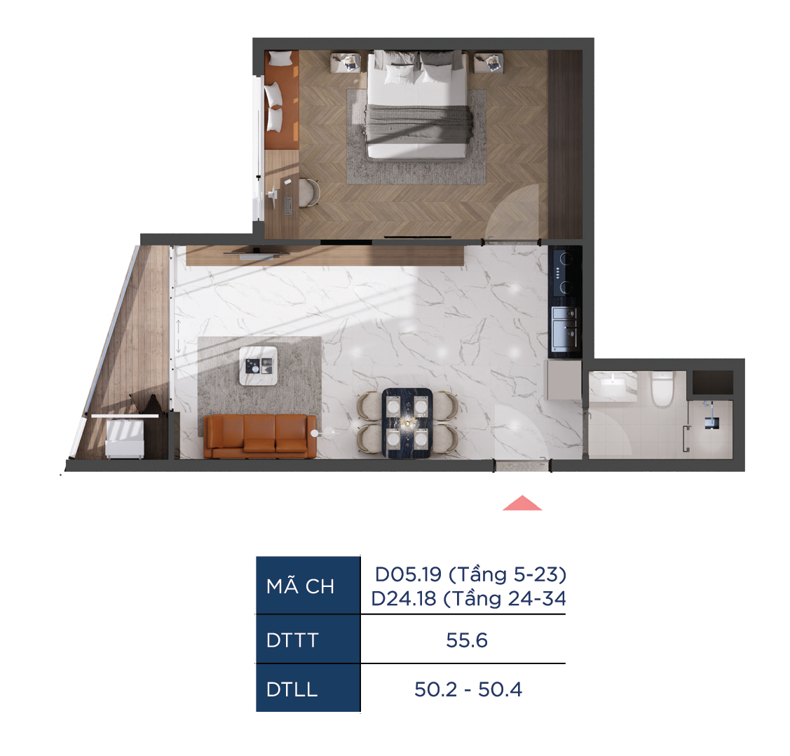 Layout căn 1 phòng ngủ 55.6m2 The Infinity Di An