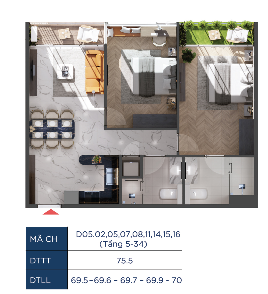 Layout căn 2 phòng ngủ 75.5m2 The Infinity Di An