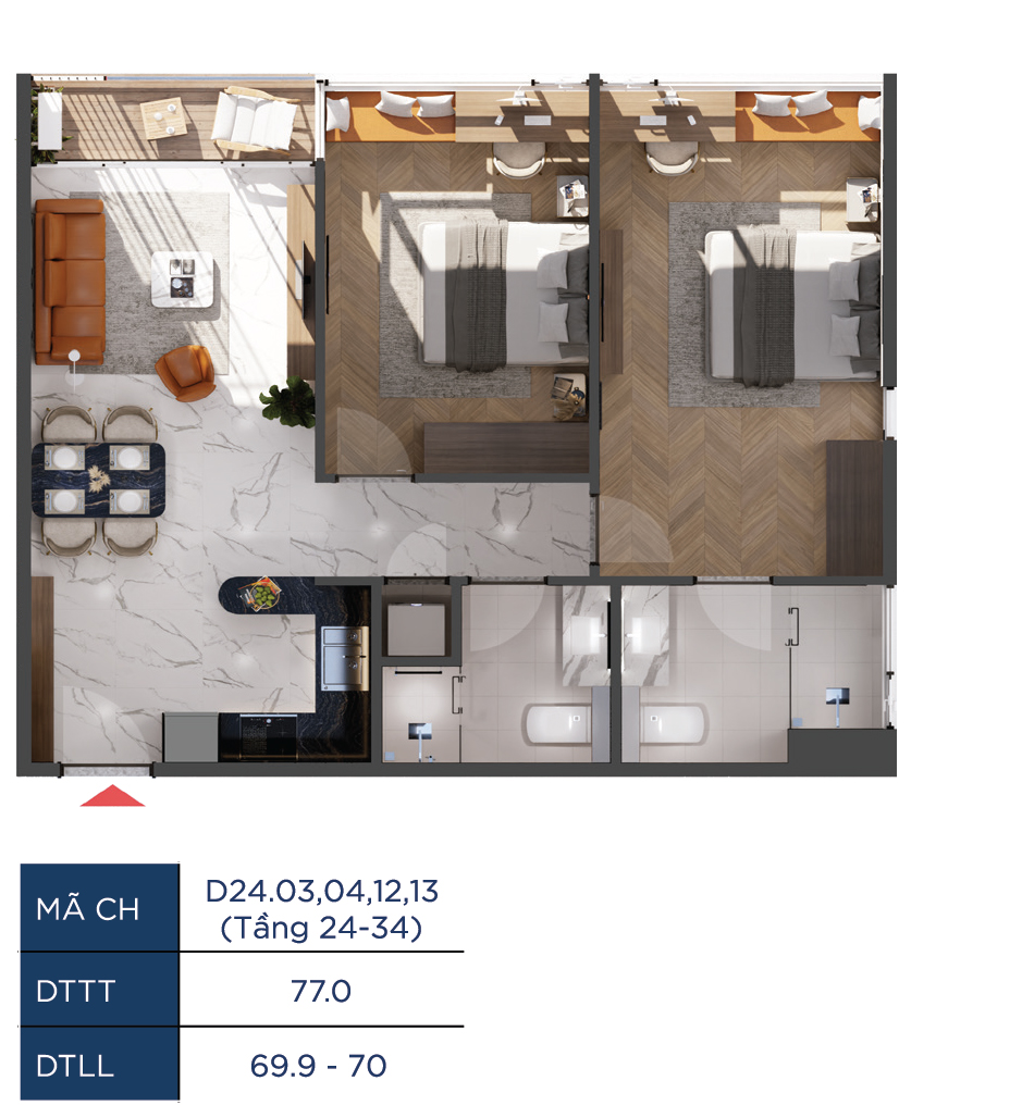 Layout căn 2 phòng ngủ 77m2 The Infinity Di An