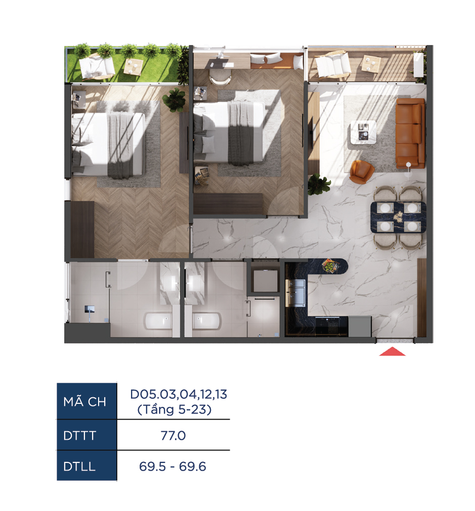 Layout căn 2 phòng ngủ 77m2 có 2 ban công The Infinity Di An