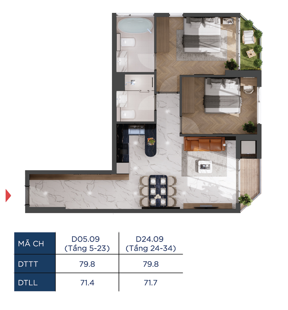 Layout căn 2 phòng ngủ 79.8m2 có 2 ban công The Infinity Di An