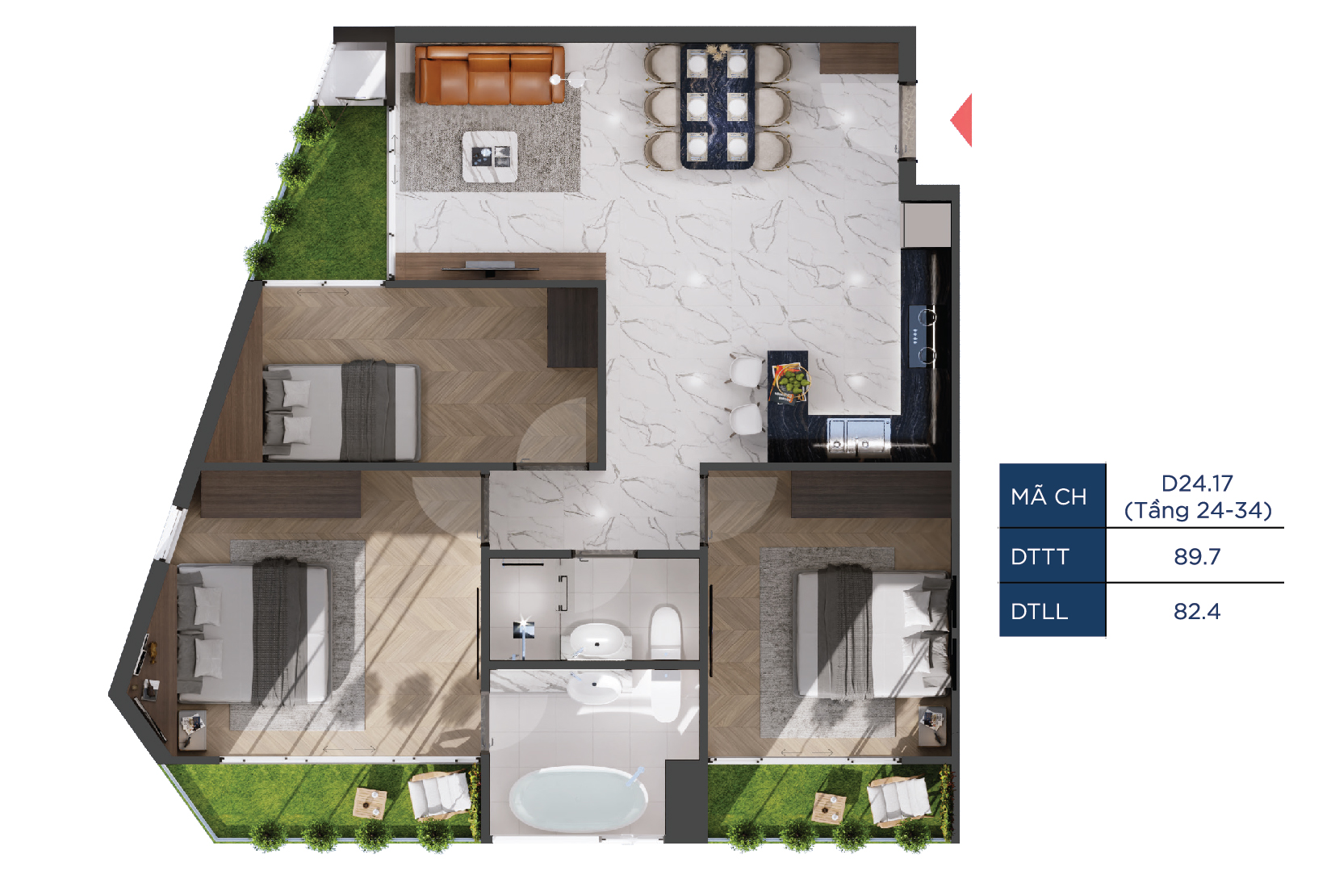 Layout căn 3 phòng ngủ 89.7m2 có 3 ban công The Infinity Di An